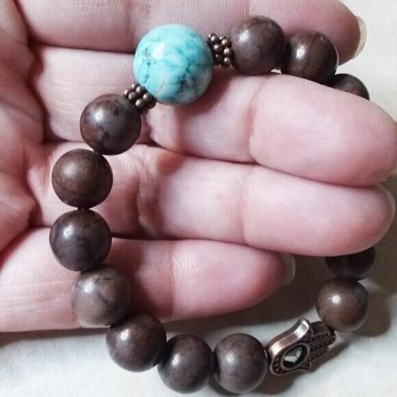 Hamsa Hand! Turquoise + Mocha Mousse! Howlite + Magnesite Blessings Bracelet 6" - Picture 6 of 9